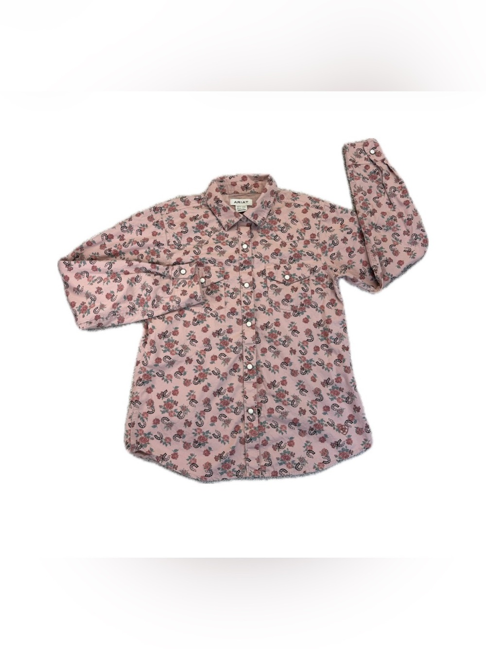 Ariat Girl's Flowers n' Horseshoes Western Snap Shirt Pink Size XL/14